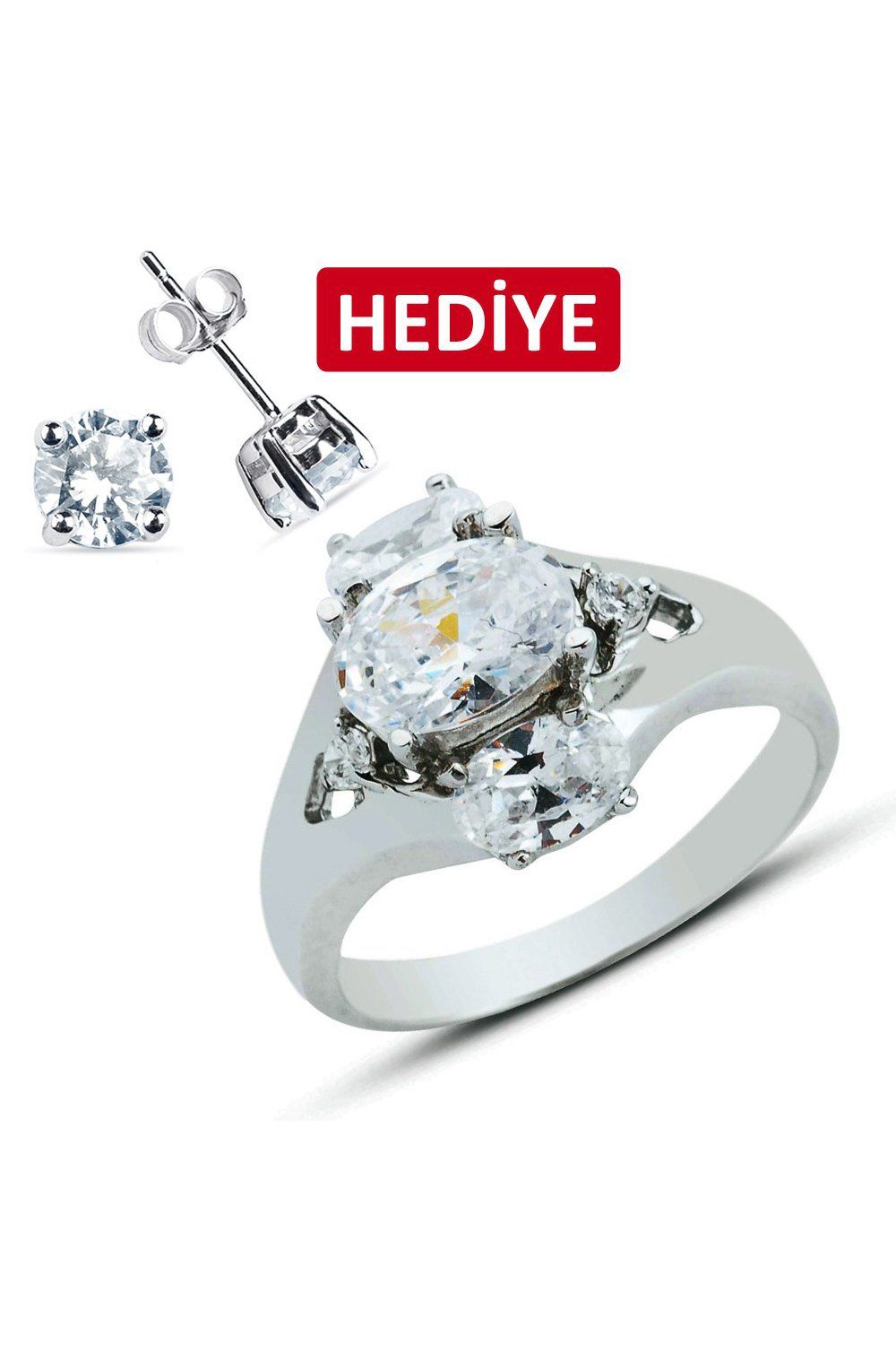 Oval Üç Taşlı Gümüş Yüzük (GY00298)