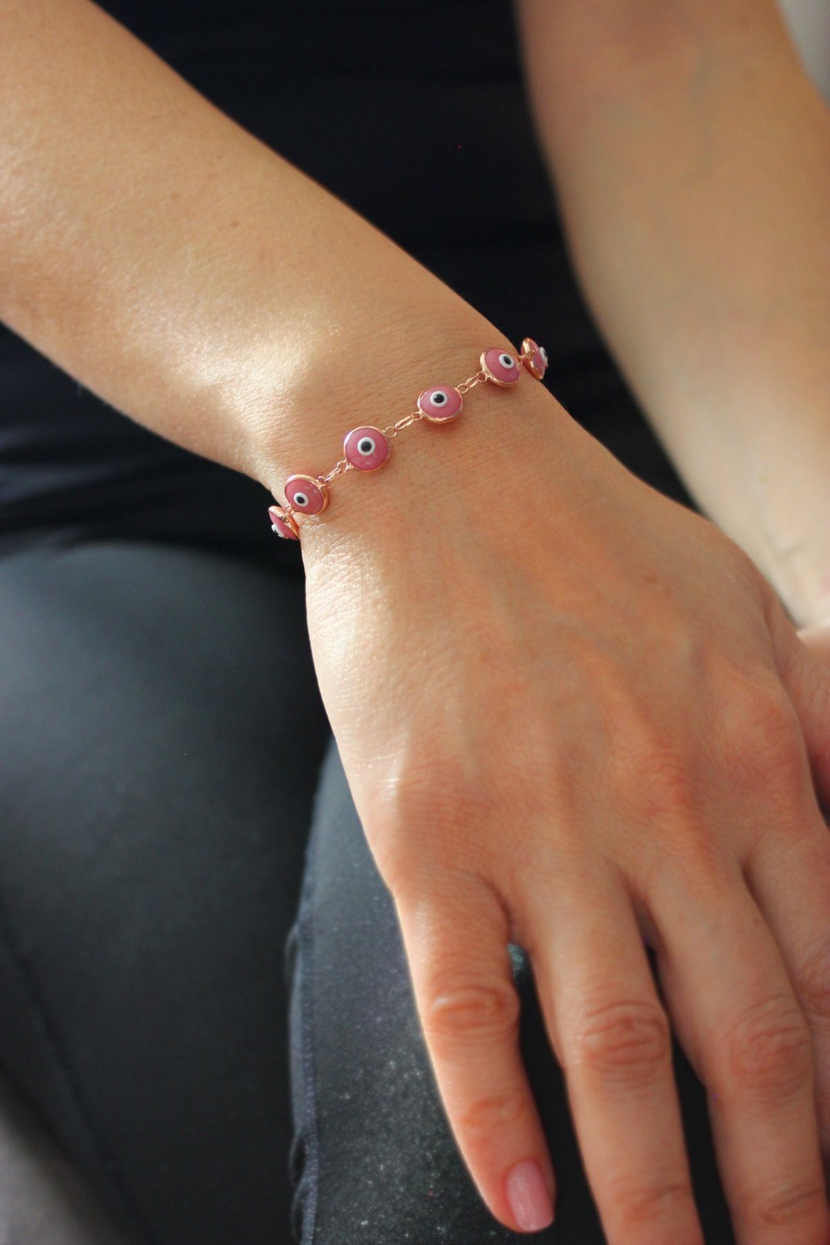 Yavruağzı Nazar Boncuklu Rose Gümüş Bileklik (TGB0268)