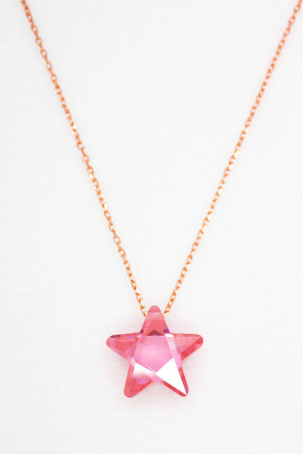 Pembe Kristal Yıldız Rose Gümüş Kolye (TGK0044)