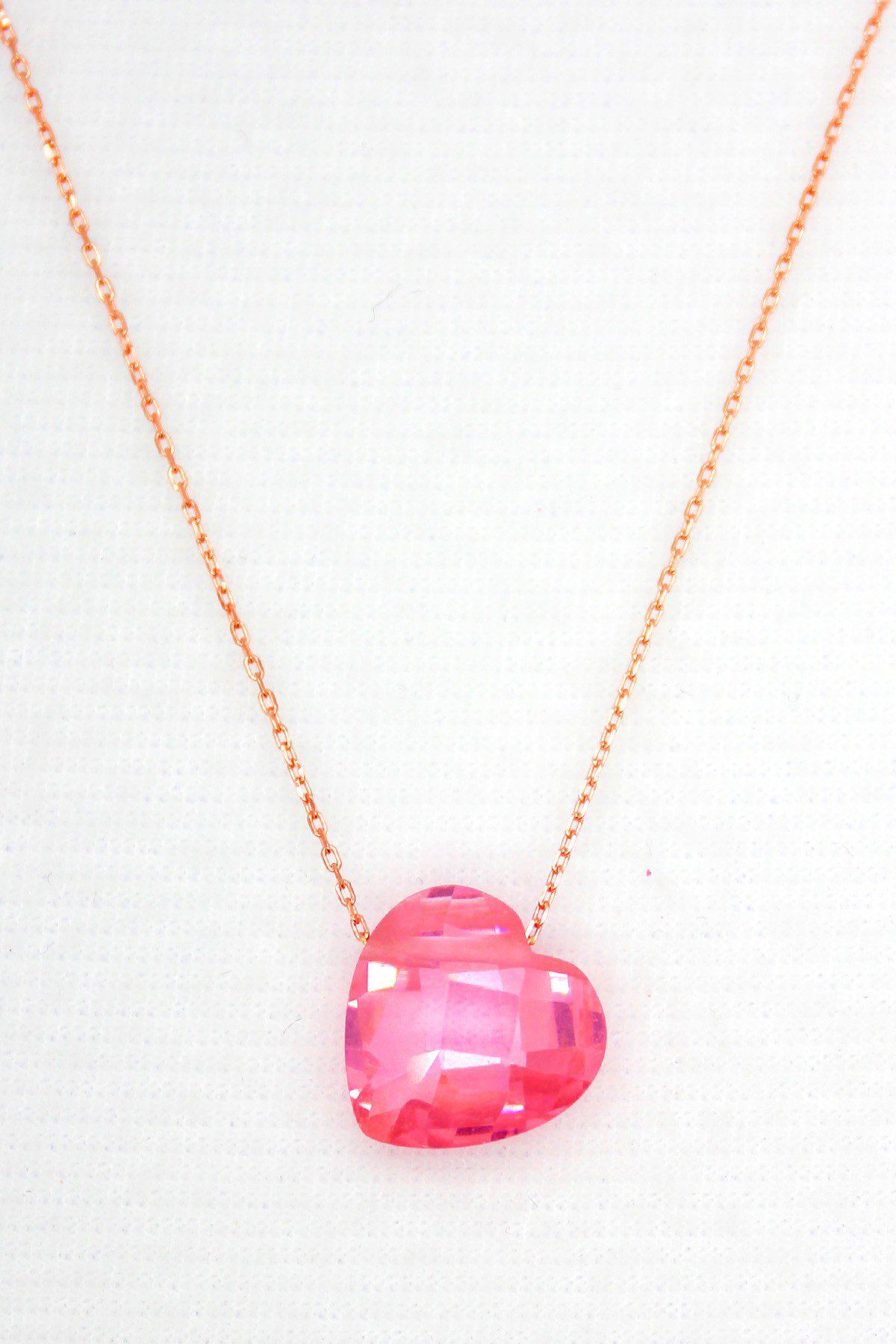 Pembe Kristal Kalp Rose Gümüş Kolye (TGK0060)