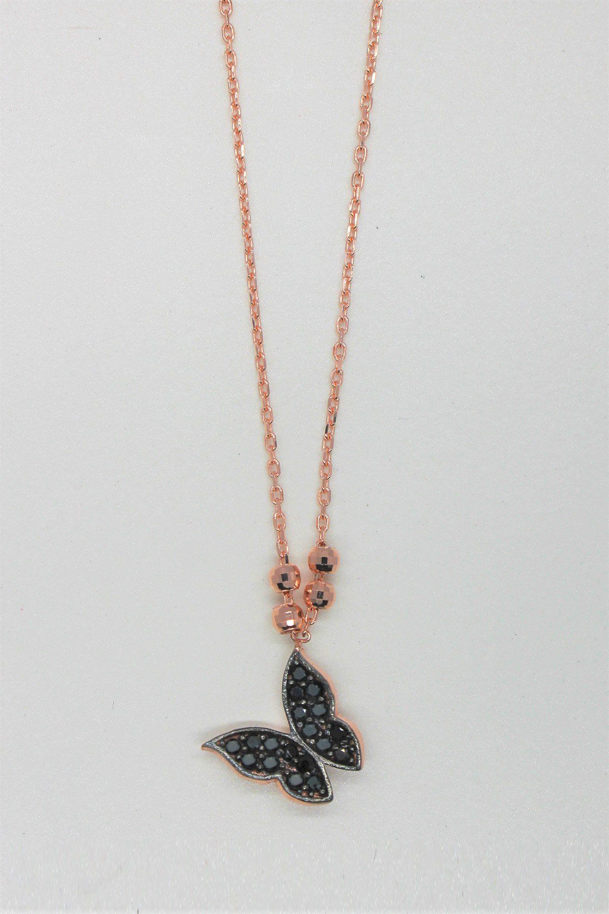 Siyah Kelebek Rose Gümüş Kolye (TGK0163)