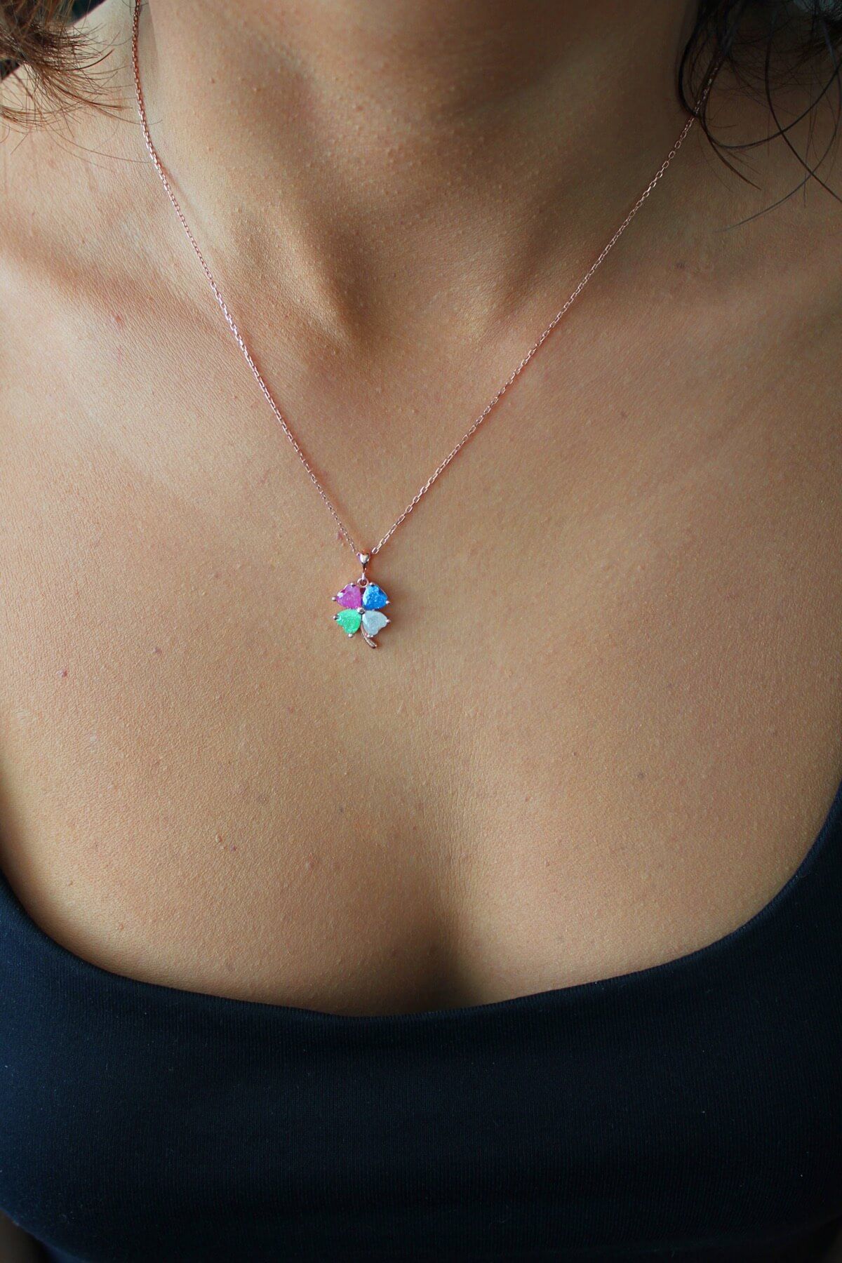 Miks Taşlı Yonca Rose Gümüş Kolye (TGK0403)