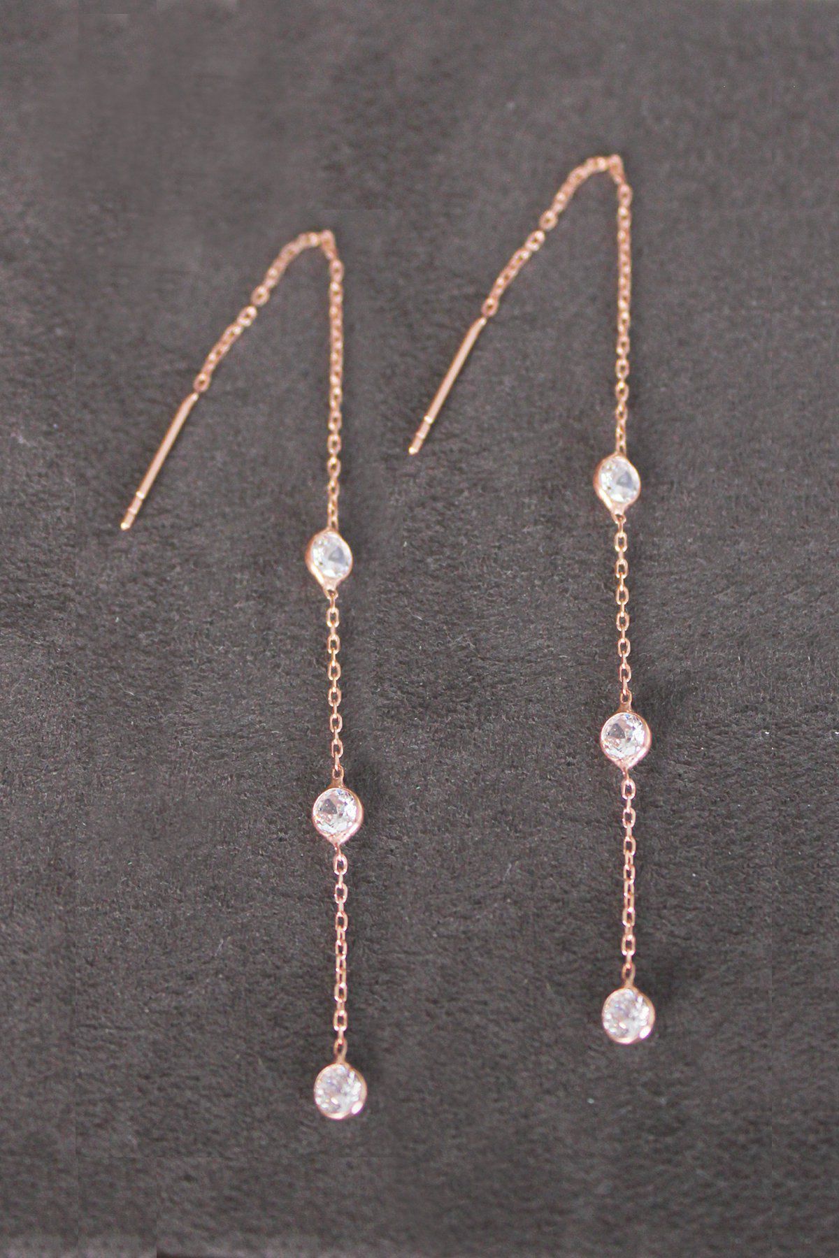 Sallantılı Üç Taş Rose Gümüş Küpe (TGP0099)