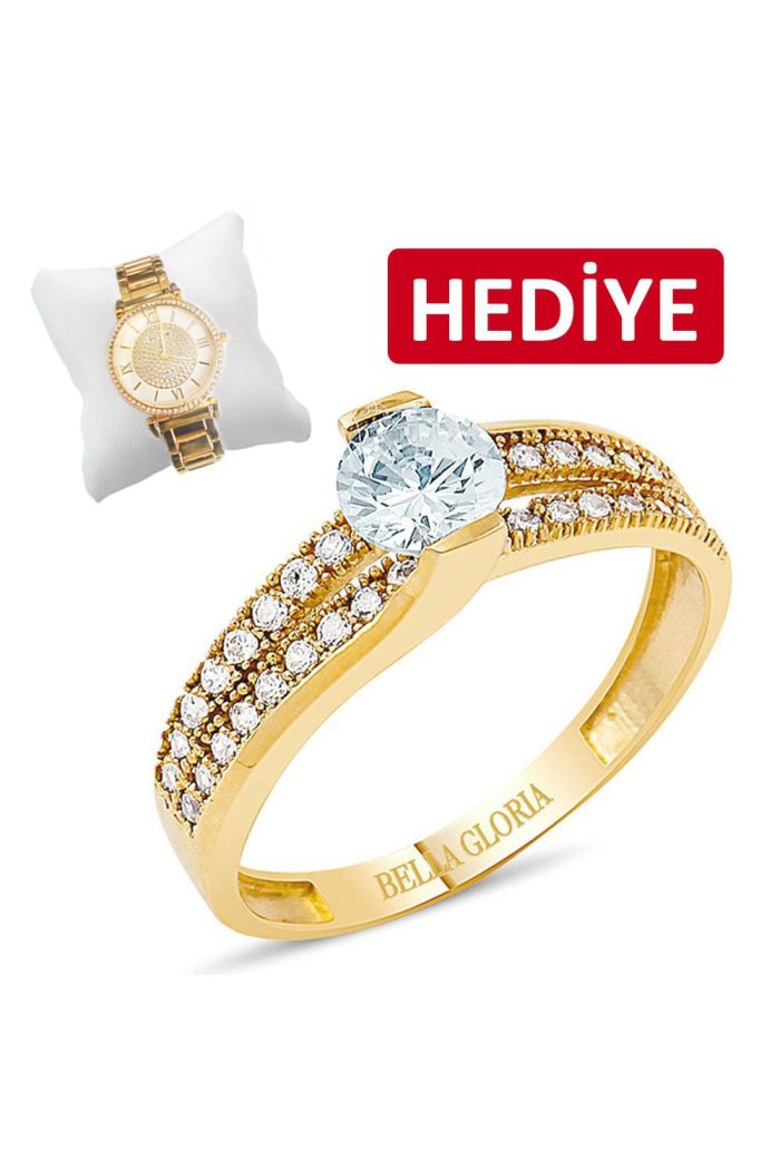 İki Sıra Taşlı Tektaş Altın Yüzük (PR78005)