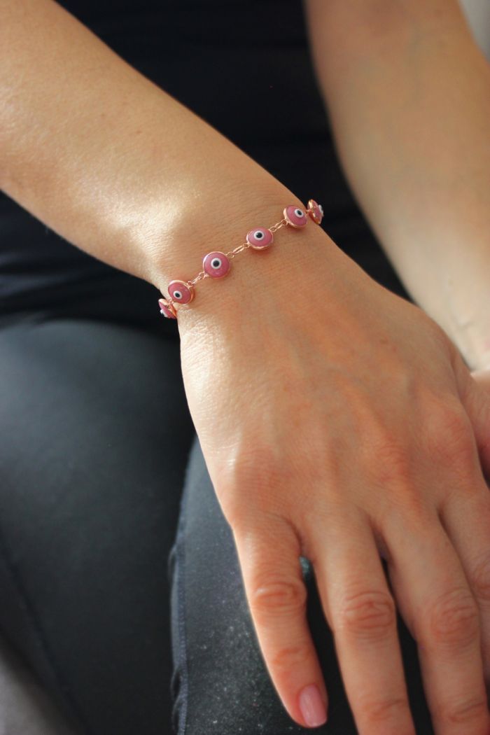 Yavruağzı Nazar Boncuklu Rose Gümüş Bileklik (TGB0268)