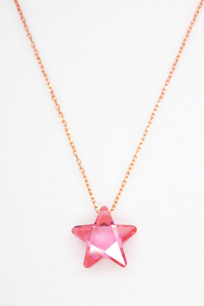 Pembe Kristal Yıldız Rose Gümüş Kolye (TGK0044)