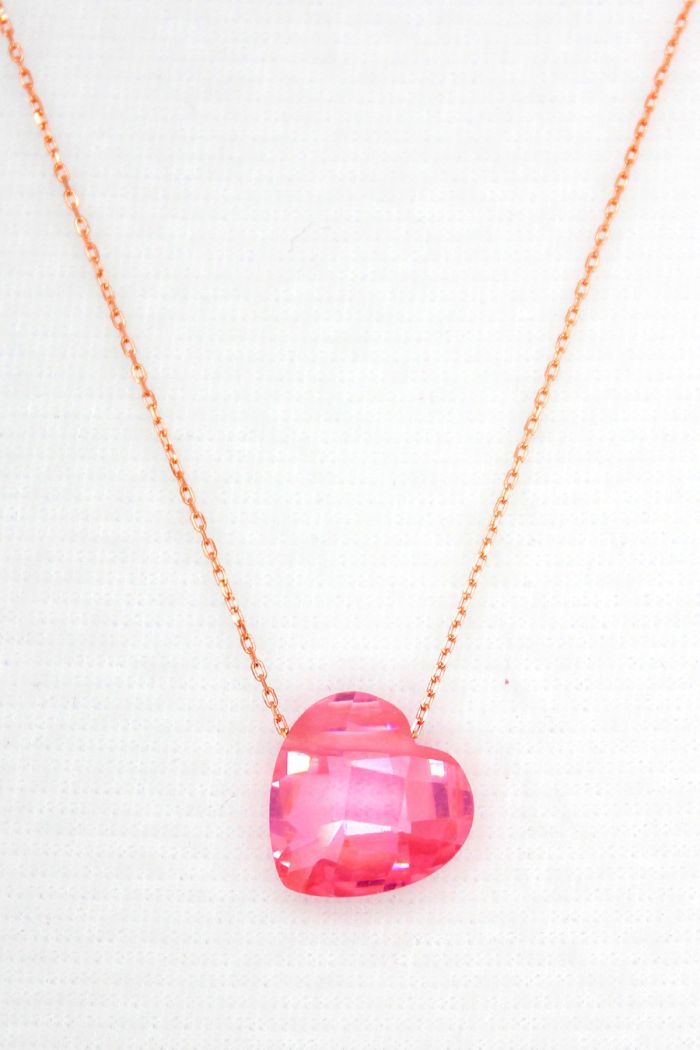 Pembe Kristal Kalp Rose Gümüş Kolye (TGK0060)