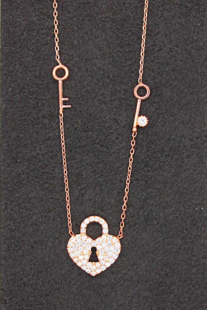 Kilit Anahtar Rose Gümüş Kolye (TGK0106)