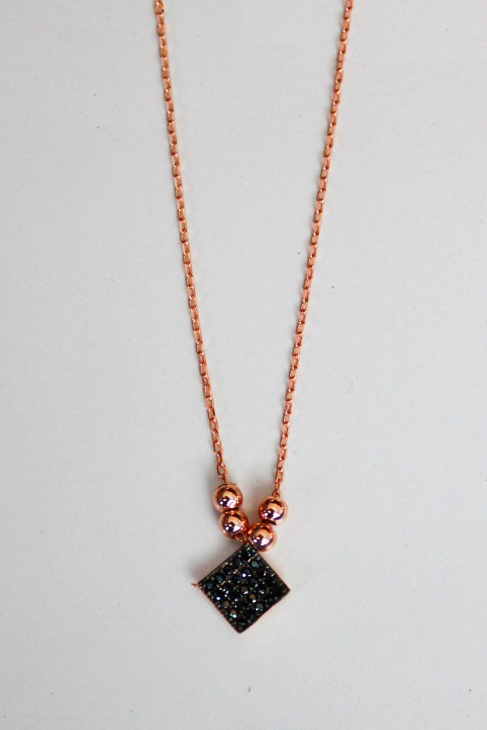 Siyah Kare Rose Gümüş Kolye (TGK0139)