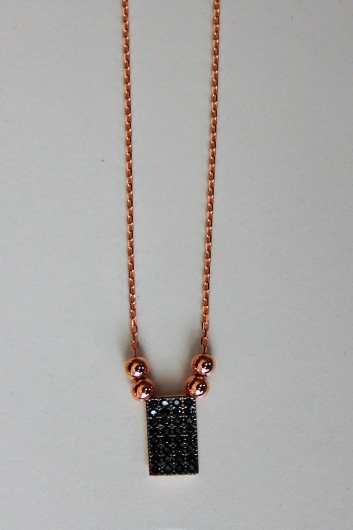 Siyah Dörtgen Rose Gümüş Kolye (TGK0141)