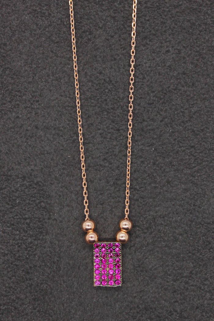 Kırmızı Dörtgen Rose Gümüş Kolye (TGK0142)