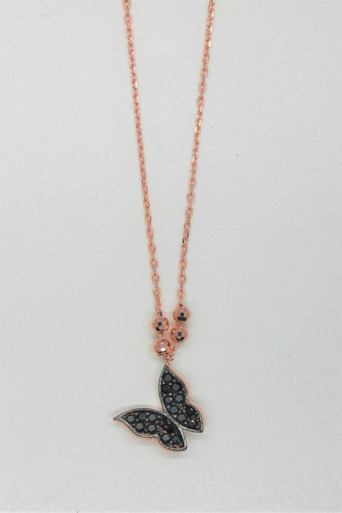 Siyah Kelebek Rose Gümüş Kolye (TGK0163)