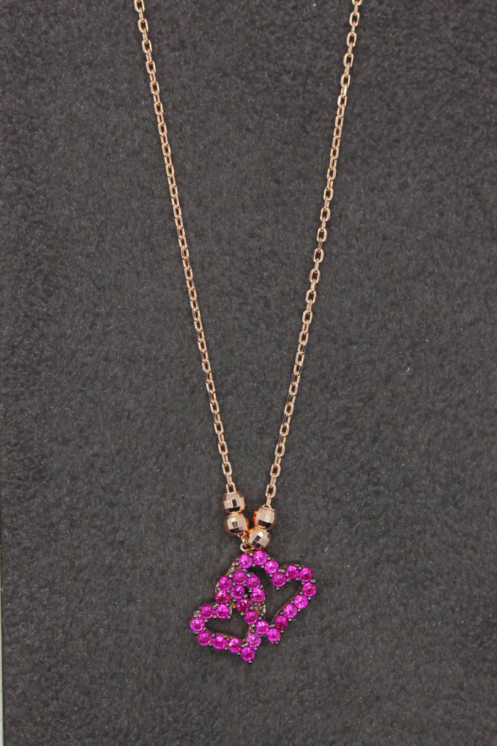 Kırmızı Kalpler Rose Gümüş Kolye (TGK0165)