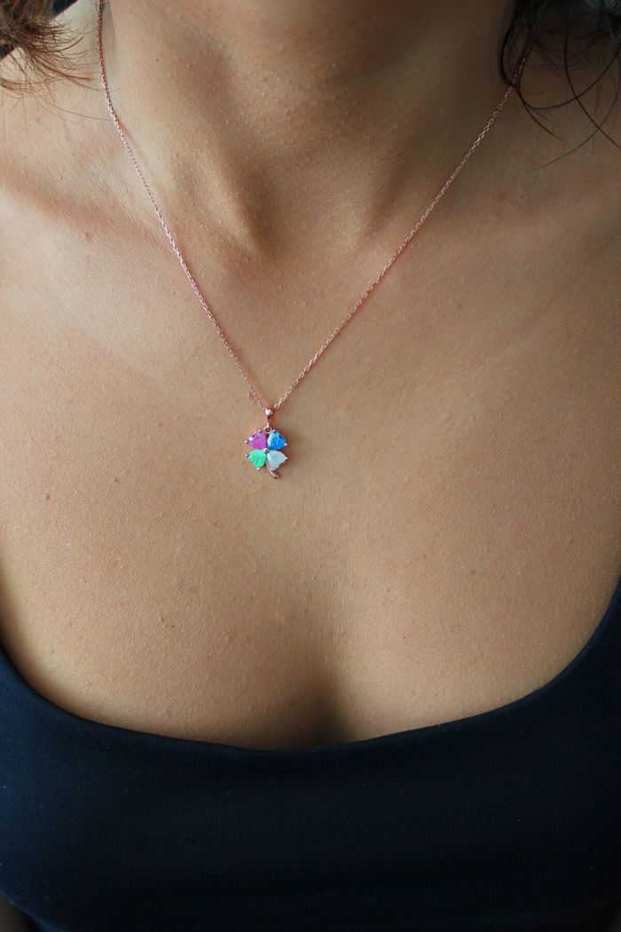 Miks Taşlı Yonca Rose Gümüş Kolye (TGK0403)