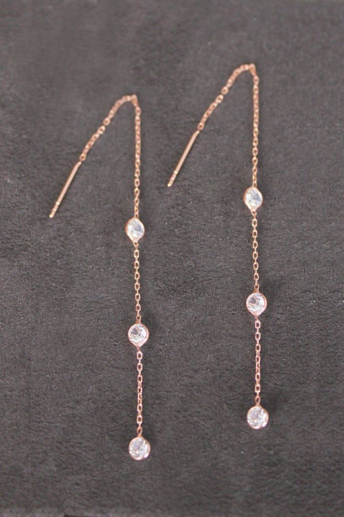 Sallantılı Üç Taş Rose Gümüş Küpe (TGP0099)